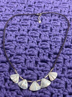 Vintage Guardian Mother of Pearl Silvertone Brown Cord Necklace 17 - 18 inches